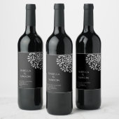 Whimsical wit op zwart bloeien wijn etiket (Flessen)