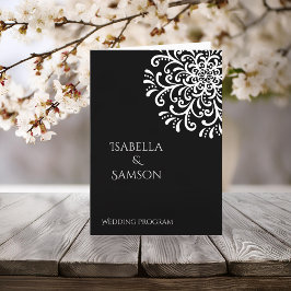 Whimsical wit op zwart bloeiend huwelijksprogramma programma