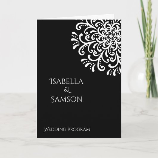 Whimsical wit op zwart bloeiend huwelijksprogramma programma (Voorkant)