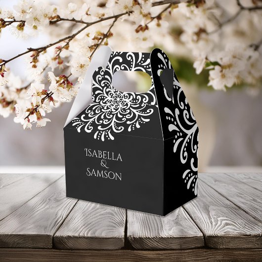 Whimsical wit op zwart bloeiende bruiloft bedankdoosjes