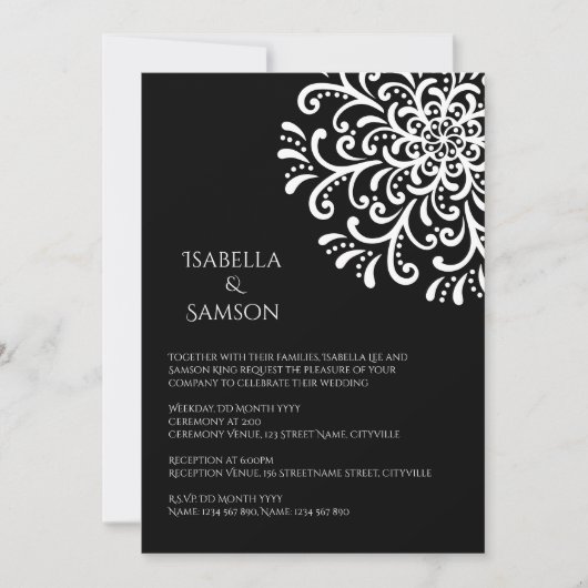 Whimsical wit op zwart Flourish Wedding Kaart (Voorkant)