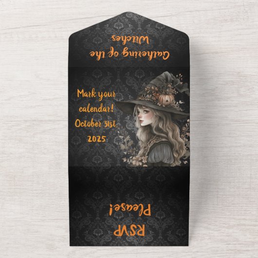 Whimsical Witch beroemd gemaakt door Black Damask All In One Uitnodiging (Buitenkant)