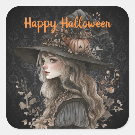 Whimsical Witch beroemd gemaakt door Black Damask Vierkante Sticker (Voorkant)