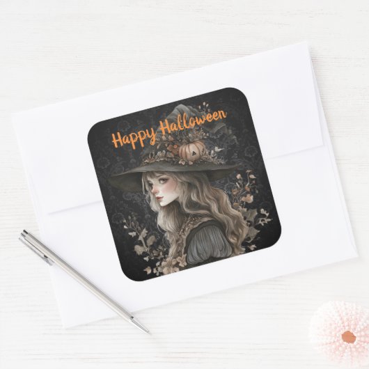 Whimsical Witch beroemd gemaakt door Black Damask Vierkante Sticker (Envelop)