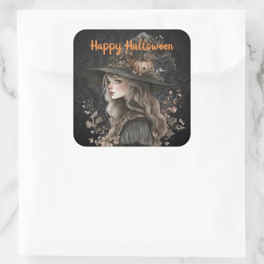 Whimsical Witch beroemd gemaakt door Black Damask Vierkante Sticker (Tas)