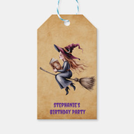 Whimsical Witch Flying Broom Girl Verjaardagsfeest Cadeaulabel