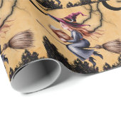 Whimsical Witch Flying Broom Girl Verjaardagsfeest Cadeaupapier (Rol Hoek)