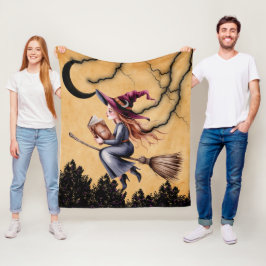 Whimsical Witch Flying Broom Girl Verjaardagsfeest Fleece Deken