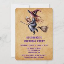 Whimsical Witch Flying Broom Girl Verjaardagsfeest