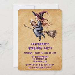 Whimsical Witch Flying Broom Girl Verjaardagsfeest Kaart