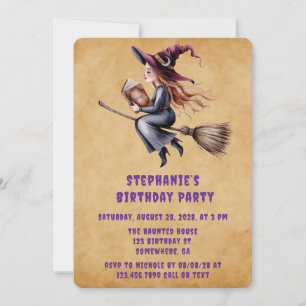 Whimsical Witch Flying Broom Girl Verjaardagsfeest Kaart