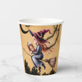 Whimsical Witch Flying Broom Girl Verjaardagsfeest Papieren Bekers (Voorkant)