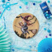 Whimsical Witch Flying Broom Girl Verjaardagsfeest Papieren Bordje (Feest)