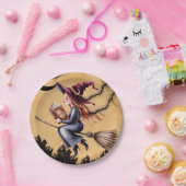 Whimsical Witch Flying Broom Girl Verjaardagsfeest Papieren Bordje (Feest)