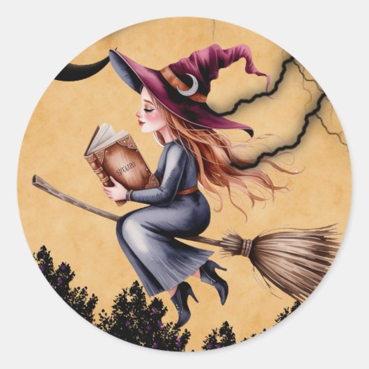 Whimsical Witch Flying Broom Girl Verjaardagsfeest Ronde Sticker (Voorkant)