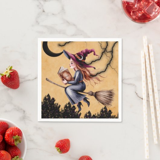Whimsical Witch Flying Broom Girl Verjaardagsfeest Servet (Insitu)