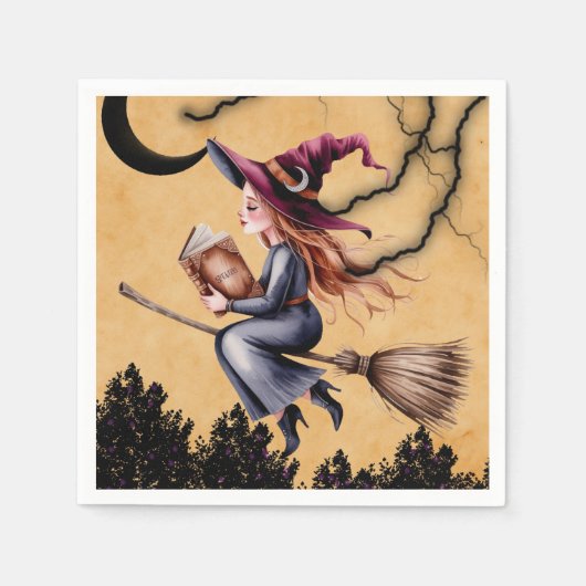 Whimsical Witch Flying Broom Girl Verjaardagsfeest Servet (Voorkant)