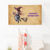 Whimsical Witch Flying Broom Girl Verjaardagsfeest Spandoek (Insitu)