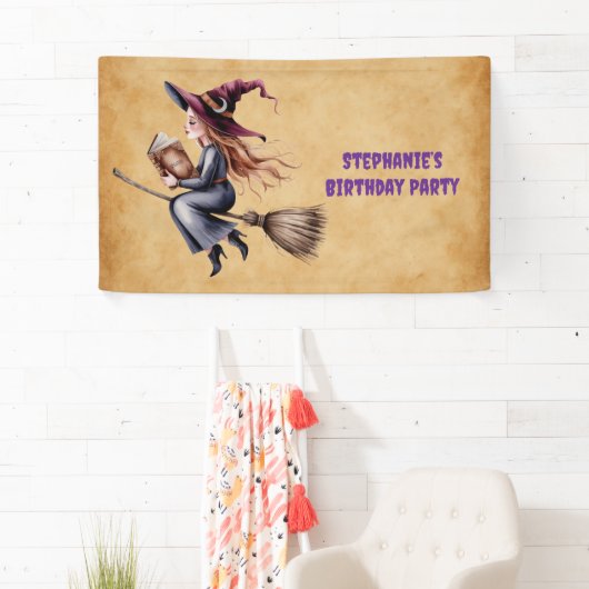 Whimsical Witch Flying Broom Girl Verjaardagsfeest Spandoek (Insitu)