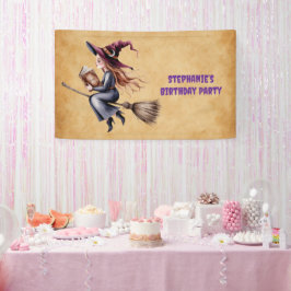Whimsical Witch Flying Broom Girl Verjaardagsfeest Spandoek