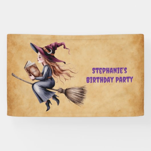 Whimsical Witch Flying Broom Girl Verjaardagsfeest Spandoek (Horizontaal)