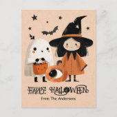 Whimsical Witch & Ghost Waterverf Aangepaste Hallo Briefkaart (Voorkant)