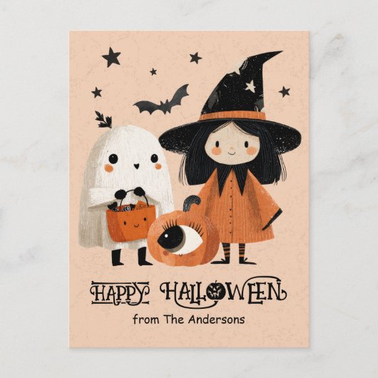 Whimsical Witch & Ghost Waterverf Aangepaste Hallo Briefkaart (Voorkant)