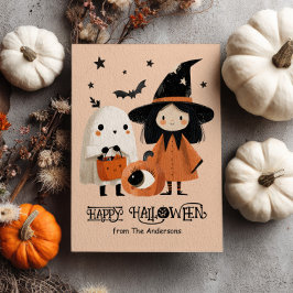 Whimsical Witch & Ghost Waterverf Aangepaste Hallo Briefkaart