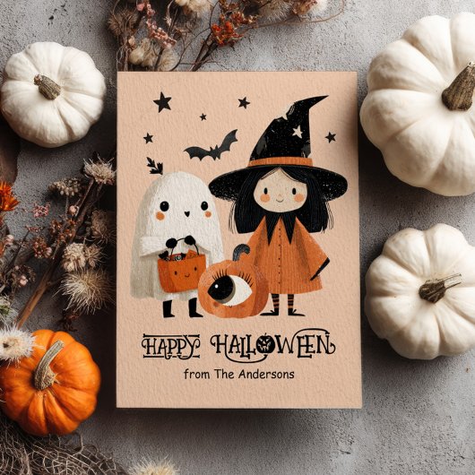 Whimsical Witch & Ghost Waterverf Aangepaste Hallo Briefkaart
