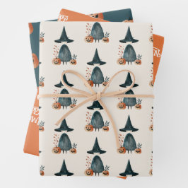 Whimsical Witch & Jack-o-Lanterns Halloween Patroo Inpakpapier Vel