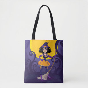 Whimsical Witch met Broomstick en de maan Tote Bag