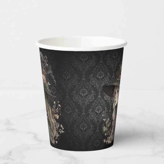 Whimsical Witch on Black Damask Papieren Bekers (Links)