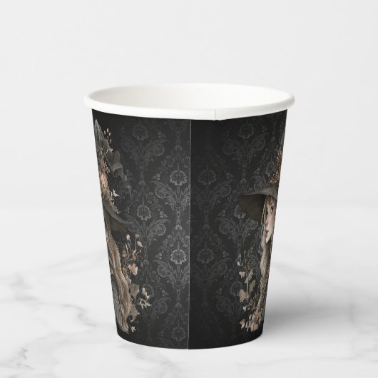Whimsical Witch on Black Damask Papieren Bekers (Rechts)
