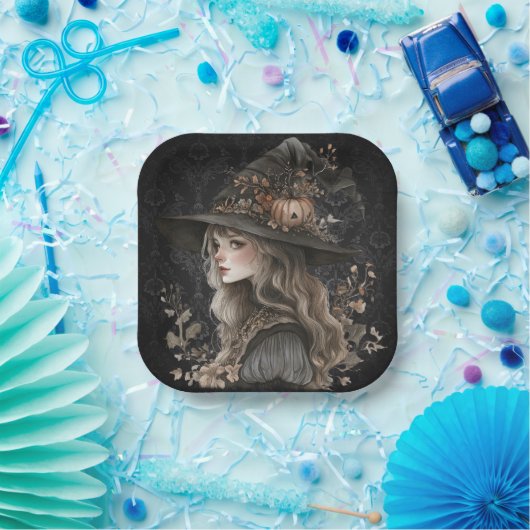 Whimsical Witch on Black Damask Papieren Bordje (Feest)