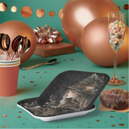 Whimsical Witch on Black Damask Papieren Bordje