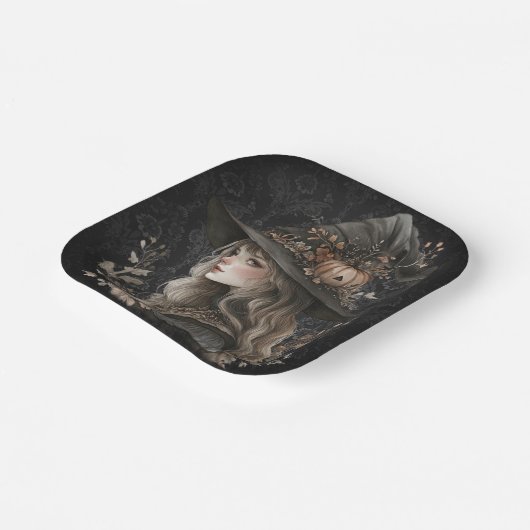 Whimsical Witch on Black Damask Papieren Bordje (Gebogen)
