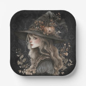Whimsical Witch on Black Damask Papieren Bordje (Voorkant)