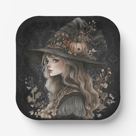 Whimsical Witch on Black Damask Papieren Bordje (Voorkant)