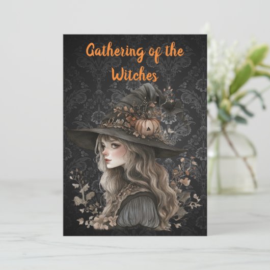 Whimsical Witch on Black Damask Save The Date (Staand voorkant)