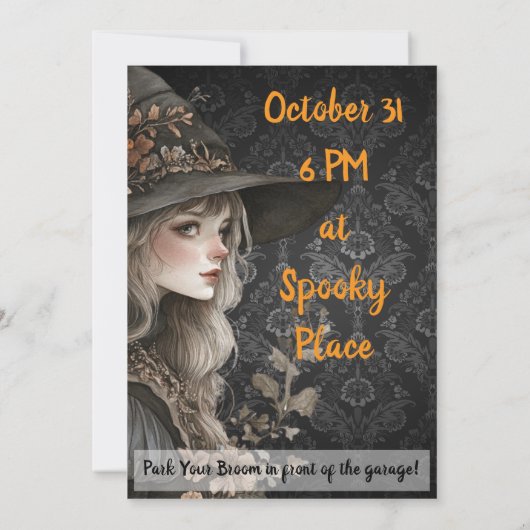 Whimsical Witch on Black Damask Save The Date (Achterkant)