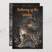 Whimsical Witch on Black Damask Save The Date (Voorkant / Achterkant)