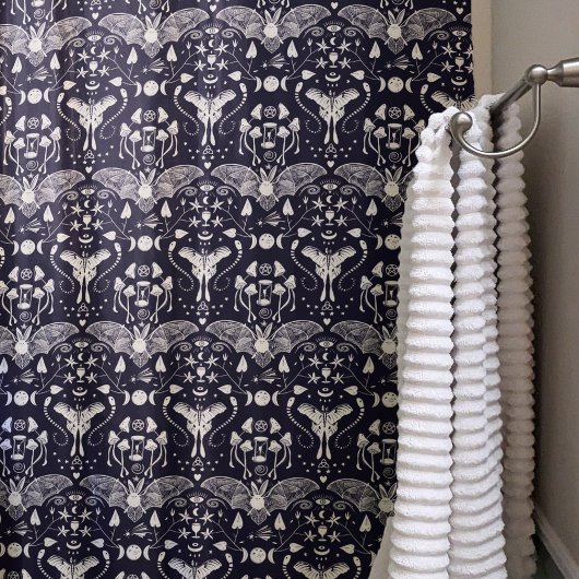 Whimsical Witch Paddenstoelen Donkerblauw Hallowee Douchegordijn