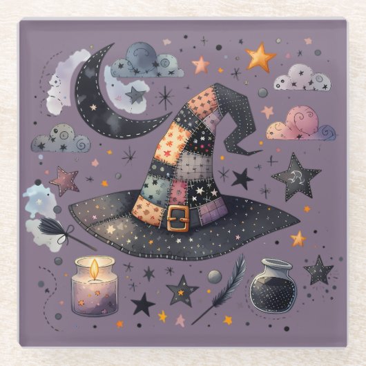 Whimsical Witch Pet en hemelse magie Glazen Onderzetter (Voorkant)