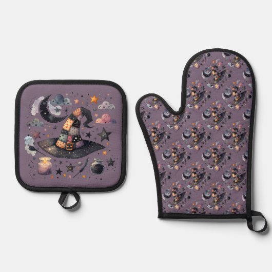 Whimsical Witch Pet en hemelse magie Ovenwant & Pannenlap Set (Voorkant)