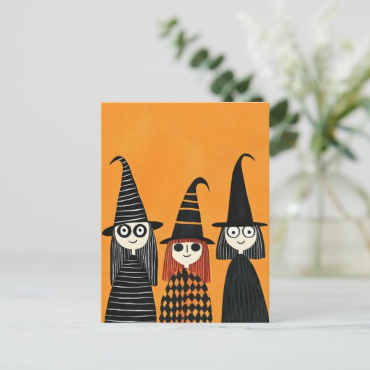 Whimsical Witches Schattige en Spooky Halloween Briefkaart (Staand voorkant)