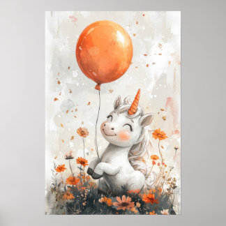 Whimsical Witte Eenhoorn in Oranje Bloemenveld Ill Poster