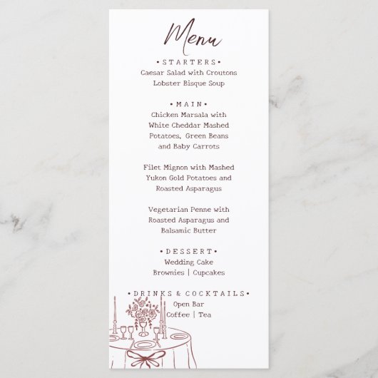 Whimsical Witte Handgetekende Geïllustreerde Trouw Menu (Voorkant)