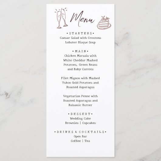 Whimsical Witte Handgetekende Geïllustreerde Trouw Menu (Voorkant)