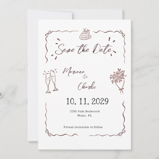 Whimsical Witte Handgetekende Geïllustreerde Trouw Save The Date (Voorkant)