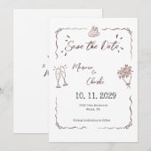 Whimsical Witte Handgetekende Geïllustreerde Trouw Save The Date (Voorkant / Achterkant)